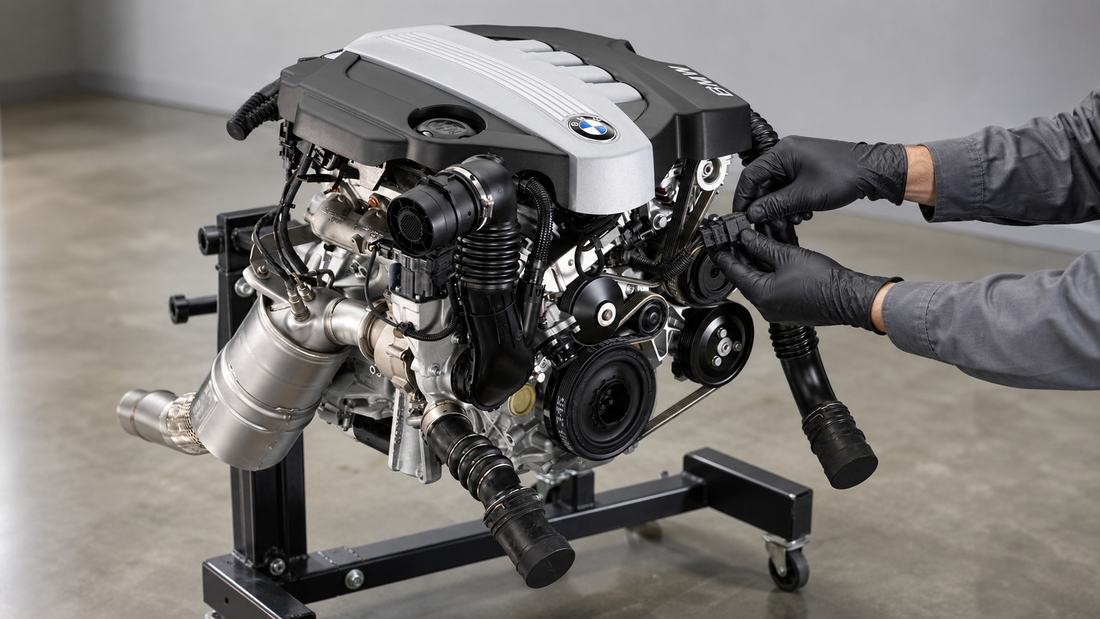 Moteur diesel BMW N47 sur support d'atelier, mains gantées d'un mécanicien branchant un connecteur électrique