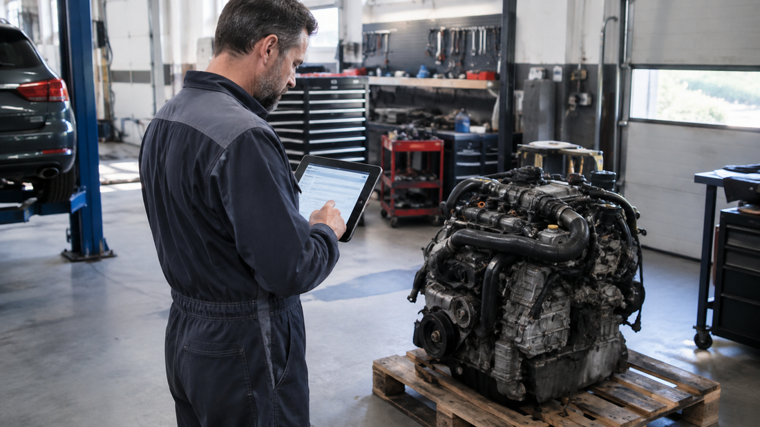Mécanicien professionnel vérifiant la livraison d'un moteur d'occasion pour son garage