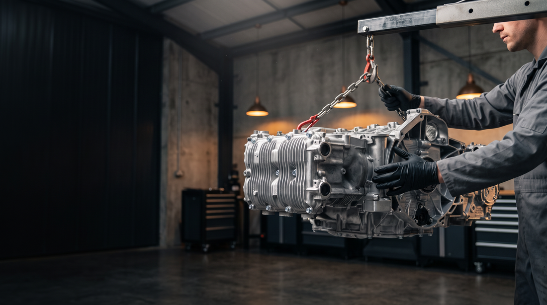 Moteur flat-six Porsche 996 3.4 en cours de remplacement dans un garage