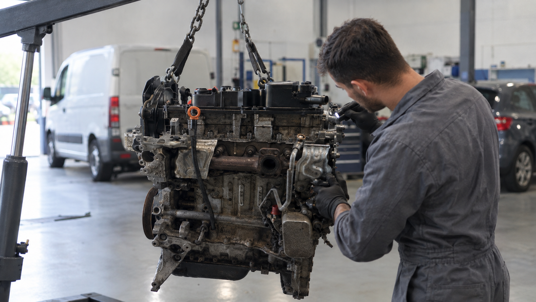 Mécanicien inspectant un moteur diesel HDi avant son montage dans un garage